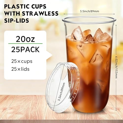 Baderke 25 Pcs Round Bottom Plastic Cups with Lids Clear Togo,20 Oz