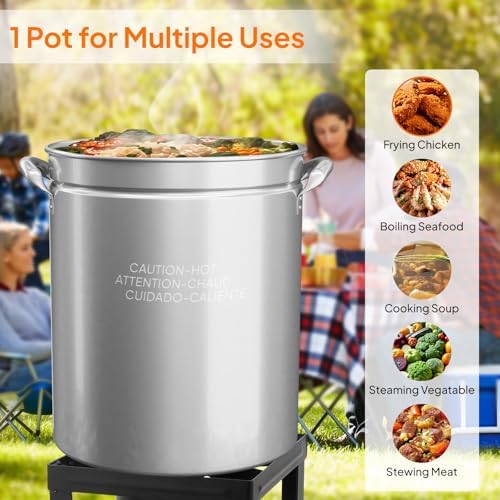 Bonnlo 62QT Stainless Steel Stock Pot for Boiling Seafood, Crawfish lobster & Crab, Frying Turkey & Steaming Tamales, Large Boil Pot with Steamer Basket, Lid, Lifting Hook for Outdoor Cooking Backyard