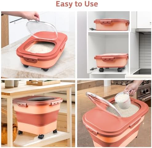 Komzon Rice Storage Containers, Collapsible 20 to 30Lbs Food Storage Bin Dispenser with Rolling Wheel and Clear Airtight Lid, BPA Free Flour, Sugar, Cereal and Dog Cat Pet food Containers