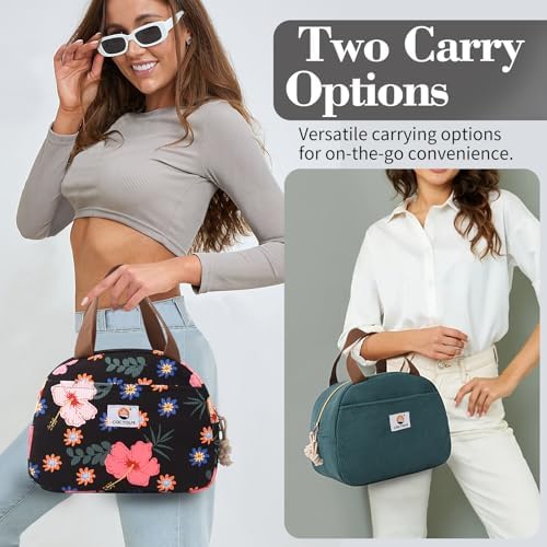 CaCTOUR Lunch Box for Women Girls Teens,Cute Lunch Box Cooler Bag, Portable Insulated Small Lunch Bag Women Reusable Corduroy Lunch Tote for Work/Travel/Picnic/School (Flower/Lake Green,Small)