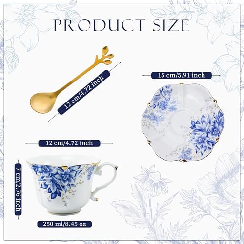 Country Roses Porcelain Tea Cup and Saucer Set with Gold Trim, Vintage Style, For Women and Tea Parties (1, Blue)