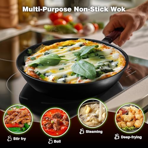 Teewe Carbon Steel Wok, 13" Woks & Stir-fry Pans Nonstick with Glass Lid