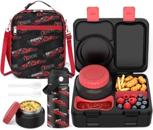 Kids Bento Lunch Box with Food Jar, Water Bottle, Lunch Bag, Car