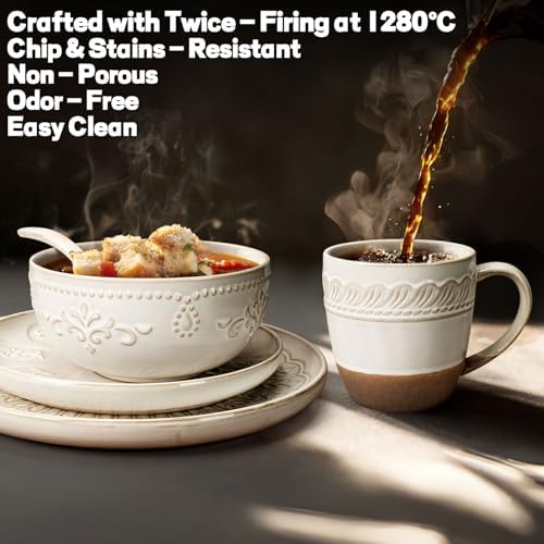 Artena Ceramic Coffee Mugs Set of 4, 16oz Embossed Large Latte Mugs Coffee Cups with Handle for Tea, Latte, Cappuccino & Cocoa, Milk Dishwasher & Microwave Safe, White (Willow Leaf)