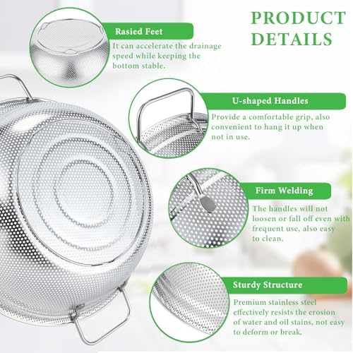 Stainless Steel Colander Set of 3, 18/8 Food Grade Steel Kitchen Strainers, 2, 3 & 5 Quart Metal Pasta Strainers with Welded Handles, Non-Slip Feet, 2.5mm Precision Holes, Dishwasher Safe
