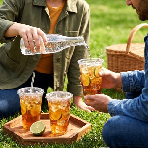 VITEVER [100 Sets - 20oz] Clear Plastic Cups with Lids and Straws, Disposable Cups for Iced Coffee, Smoothie, Milkshake, Cold Drinks
