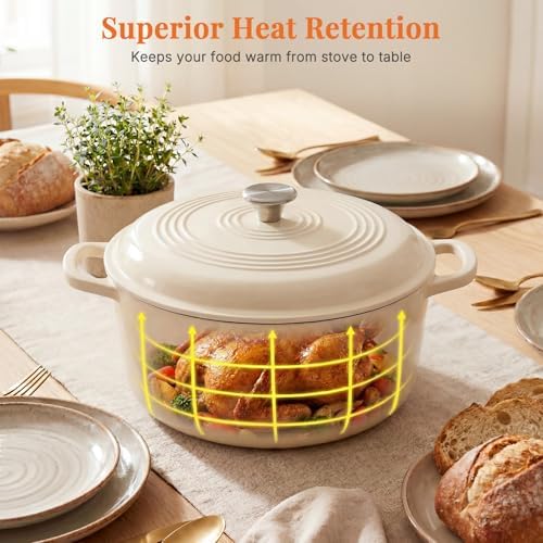 NEWBULIG Cast Iron Dutch Oven, 6 Quart Enamel Dutch Oven Pot with Lid, Heavy Duty Cookware for Sourdough Bread, Braising, Stews, Roasting, Safe up to 500°F, Beige