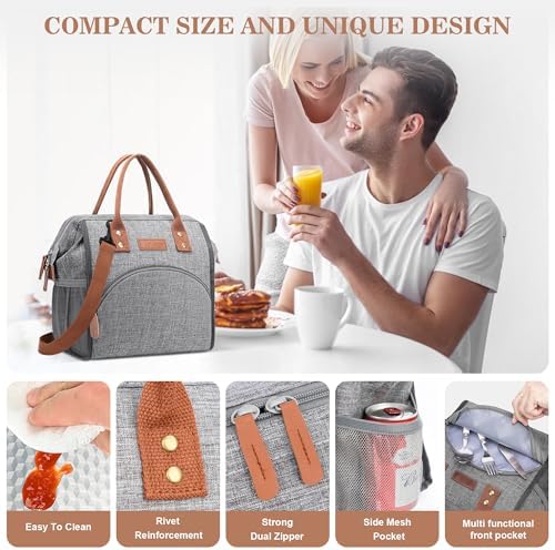 LOKASS Lunch Bag Insulated Lunch Box Wide-Open Lunch Tote Bag Large Drinks Holder Durable Nylon Snacks Organizer with Removable Shoulder Strap for Women Men Adults Work Outdoor,Grey