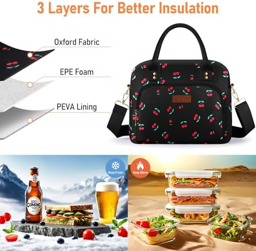Lunch Bag Large Insulated Lunch Box for Women Men Adult Cute Cherry Lunchbox Lunch Bags Boxes Pail with Shoulder Strap for Work Mom Picnic Office Travel 11.4×6.8×9.1 inches 11.5L Black