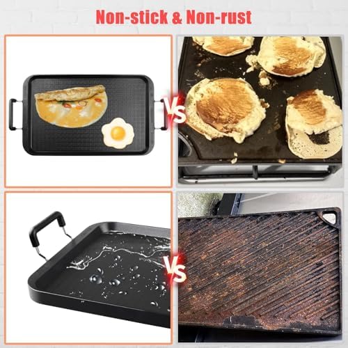 Vayepro 2-Burner Griddle Pan with Glass Lid - Nonstick Stovetop Griddle for Gas & Glass Cooktops - Aluminum Camping Grill Pan for Breakfast (Pancakes/Eggs/Bacon) (22"L x 12"W x 1.77"Th)