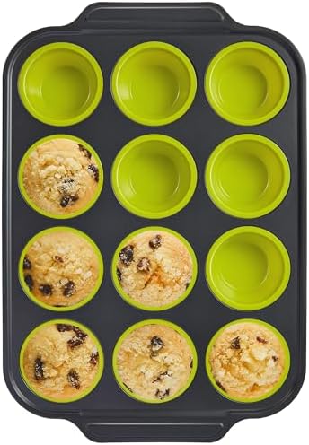 BRONYPRO Silicone Muffin Pans for Baking with Metal Frame, Egg Bite Maker Silicone Molds, Cupcake Pans 12 Regular Size, Muffin Tins Easy to Pop Nonstick Non Toxic Bakeware for Oven, Lime Green