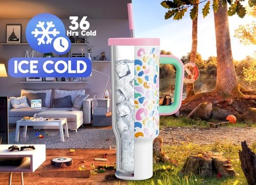 Meoky 50 oz Tumbler with Handle, Tumbler with Lid and Straw, Insulated Stainless Steel Travel Mug, 100% Leak-proof, Keeps Cold for 36 Hours or Hot for 12 Hours (Leopard)
