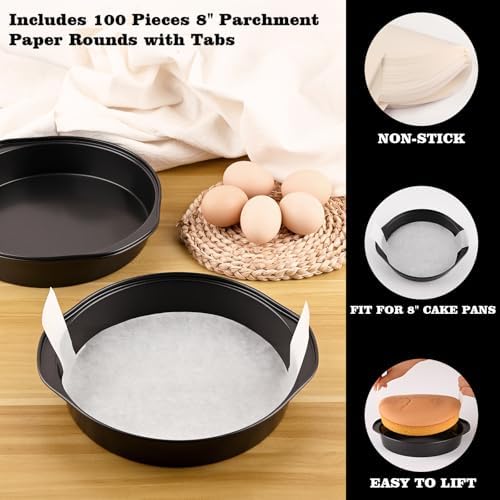 HUAKENER 3 Pcs 8 Inch Round Cake Pans with 100 Pieces Parchment Paper