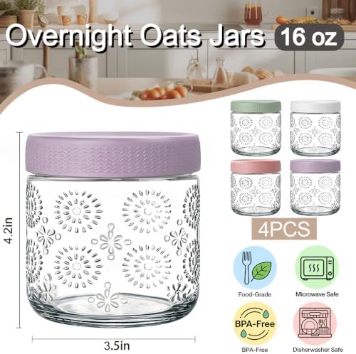 4 pack 16 oz Overnight Oats Containers with Lids, Glass Food Storage Container, Airtight Salad Jars, Mason Jars for Overnight Oats, Yogurt, Oatmeal, Salad, Coffee, Spices