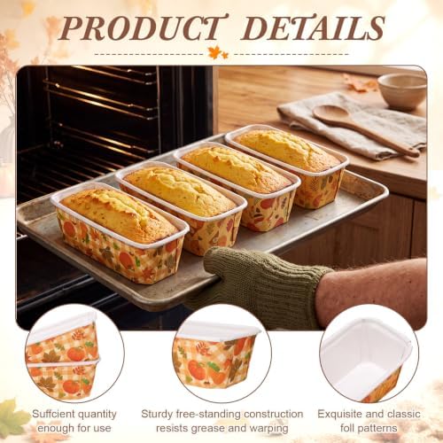 80 Sets Fall Paper Loaf Pan 6.3 x 2.2 x 2.2 Inch Disposable Mini Cake Pan with Clear Plastic Bags and Ties Rectangular Baking Mold for Thanksgiving Autumn Bread Brownies