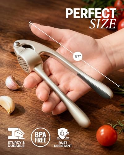 Zulay Kitchen Premium Garlic Press Set - Rust Proof Professional Garlic Mincer Tool - Easy-Squeeze, Easy-Clean with Soft, Ergonomic Handle - Silicone Garlic Peeler & Brush (Silver)
