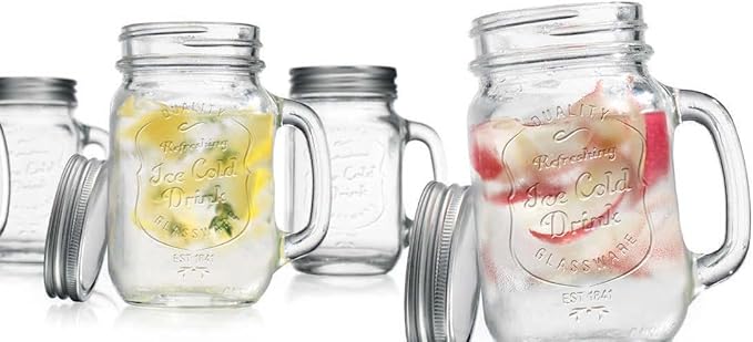 Glaver's Mason Drinking Jars – Set of 4, 15.25 Oz Clear Glass Jar with Handle and Lid. – Ice-Cold Drink Glassware Logo – Glass Mugs Ideal for Cold Beverages, Juice, Smoothie, Cocktails.