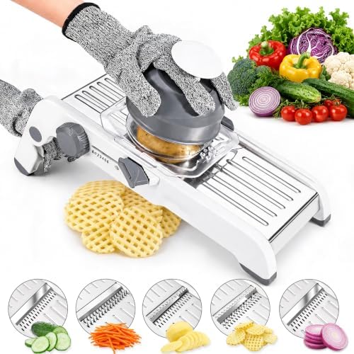 Safe Mandoline Slicer for Kitchen - All in One Adjustable Vegetable Slicer, Waffle Fry Cutter, Mandolin Vegetable Cutter for Potato, French fry, Carrot, Onions, 1 Pair Cut-Resistant Gloves Included