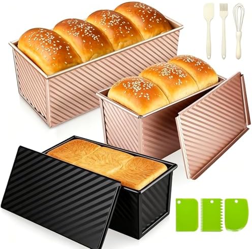 3Pack Pullman Loaf Pans with Lids – 2.2 LB & 1 LB & 1 LB Dough Capacity, Non-Stick Carbon Steel Bread Pans for Homemade Sandwich and Sourdough Bread, Corrugated Toast Mold