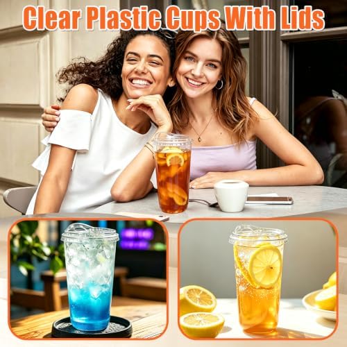 50 Pack 20 oz Clear Plastic Iced Coffee Cups with Strawless Sip Lids