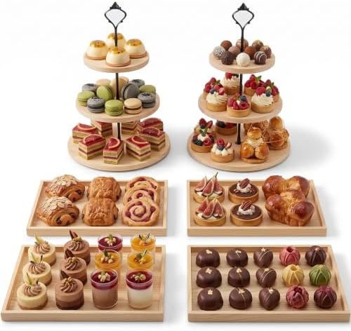 6pcs Wooden Dessert Table Display Set, 3 Tier Cupcake Stand Set with Serving Trays, Rustic Dessert Display Stand, Cake Stand Set for Wedding Dessert Table, Birthday, Baby Shower, Party Food Display, Home Decor