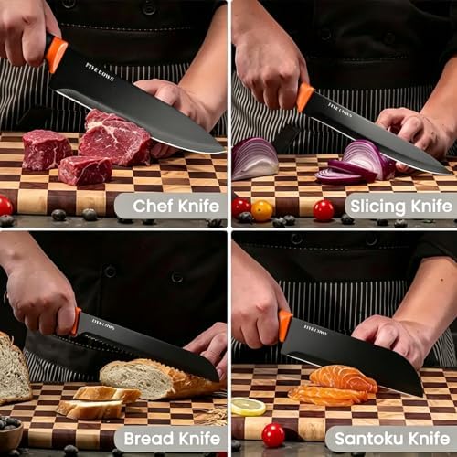 14 Pcs Kitchen Knife Block Set with Sharpener German High Carbon Stainless Steel Chef Knives, Razor-Sharp & Durable, Lightweight Anti-Slip Handle, Professional Set for Home & Kitchen (Orange)