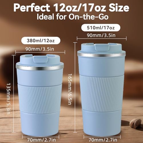 12OZ Travel Coffee Mug Insulated Coffee Cup with Spill Leak Proof Lid, Portable Stainless Steel Tumbler Reusable Hot and Cold Water Mug for Car, Daily, Camping- Light Blue