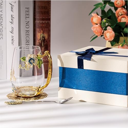 Flower Tea Cup,Butterfly Daisy Glass Fancy Coffee Mug with Spoon,Gift Box for Her Mom Wife Grandma Girls Friends Valentines Christmas Birthday Present Idea for Juice,Hot/Cold Drinks Use