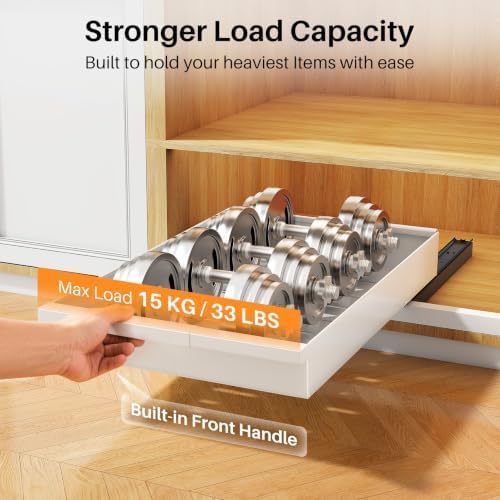 PXRACK Pull out Cabinet Organizer, 2-Pack Expandable(9"-14.2") Silde out Drawers with Raising Pad for Framed Cabinets, Adjustable Full-Extension for Kitchen Pantry Home Pot and Pan, White