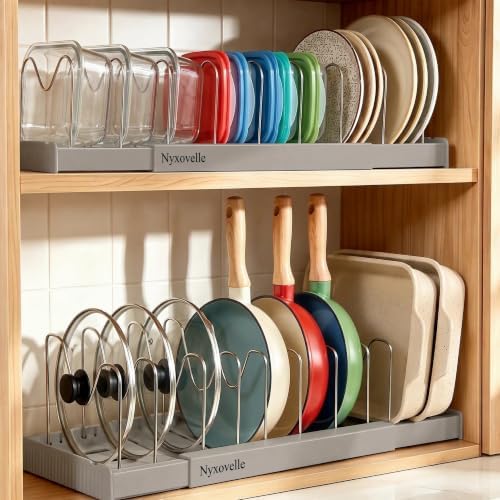 2 Pack Expandable Pots and Pans Organizer under Cabinet, Adjustable Pot Lid Organizer Rack with 9 Stainless Steel Dividers, Food Container Lid Holder for Kitchen Countertop Storage (Gray)