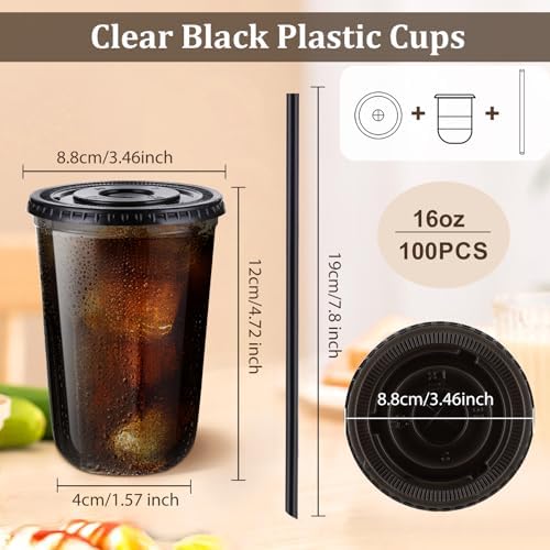 tchrules 100 Set 16oz Black Plastic Disposable Cups with Lids and Straws