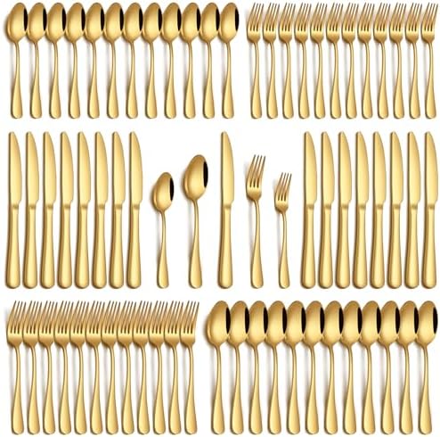 PHILIPALA 60 Piece Gold Silverware Set, Stainless Steel Flatware Set for 12 Food Grade Novelty Flatware Cutlery Utensil Set Include Knife Fork Spoon Mirror Polished Dishwasher Safe