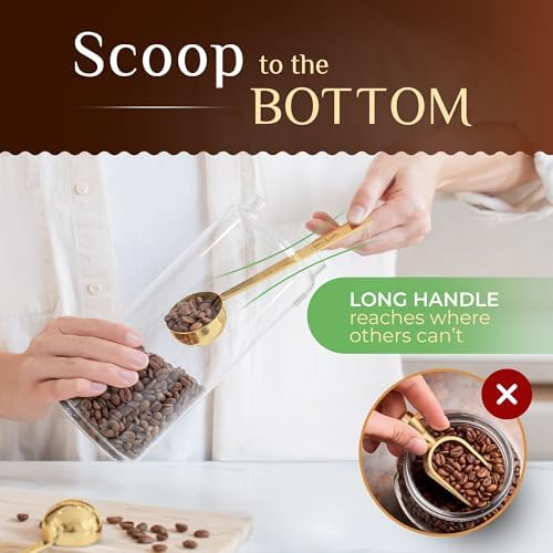 Orblue Premium Coffee Scoop Set - 1 Tbsp (15ml) & 2 Tbsp (30ml) Measuring Tablespoon - Stainless Steel Coffee Measuring Spoon and Scooper with Long Handles - Pack of 2 - Gold