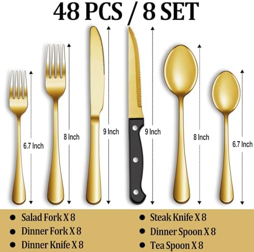48 Pcs Gold Silverware Set with Steak Knives, Stainless Steel Flatware Cutlery Set for 8, Kitchen Tableware Sets, Utensil Sets for Home and Restaurant, Dishwasher Safe