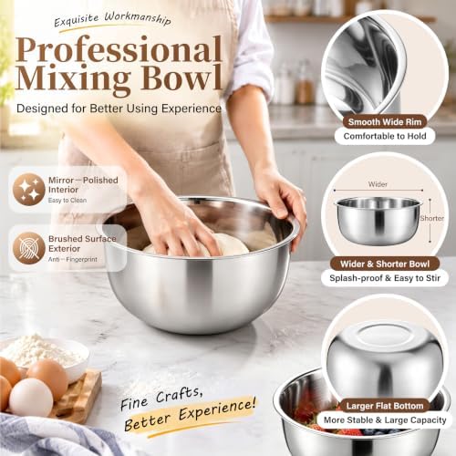 P&P CHEF Mixing Bowls with Lids Set of 3, Khaki Stainless Steel Salad Bowl
