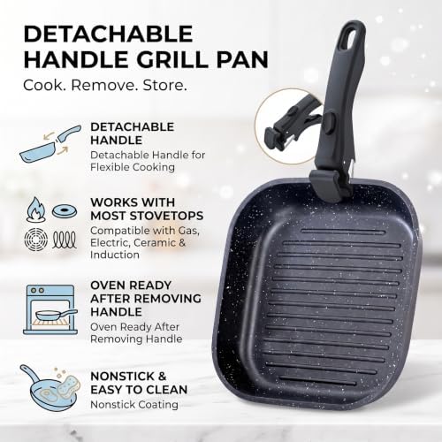 Stove Top Grill Pan, 10.8-Inch Square Pan for Steak, Detachable Handle