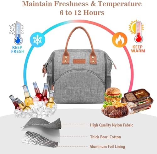 LOKASS Lunch Bag Insulated Lunch Box Wide-Open Lunch Tote Bag Large Drinks Holder Durable Nylon Snacks Organizer with Removable Shoulder Strap for Women Men Adults Work Outdoor,Grey