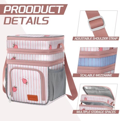ZRSUN Insulated Lunch Bag for Women Men, Reusable 3 Layers Lunch Box Women, Expandable Reusable Water-resistant Lunch Box for Work Travel Office Picnic Hiking (Pink)