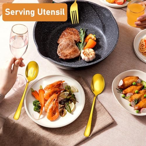 Serving Utensils Set for Buffet, 18 Pack Stainless Steel Serveware, Gold