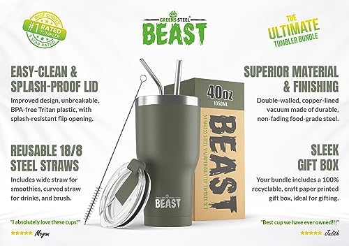 Beast 40 oz Tumbler Stainless Steel Vacuum Insulated Coffee Ice Cup Double Wall Travel Flask (Army Green)