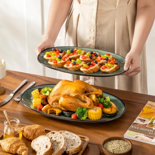 vancasso Ceramic Serving Platters Set of 3, Oval 16/14.7/13.5 Inch Stoneware Serving Dishes for Entertaining, Microwave Safe Serving Trays for Food, Turkey, Cheese, Party, Reactive Glaze Green