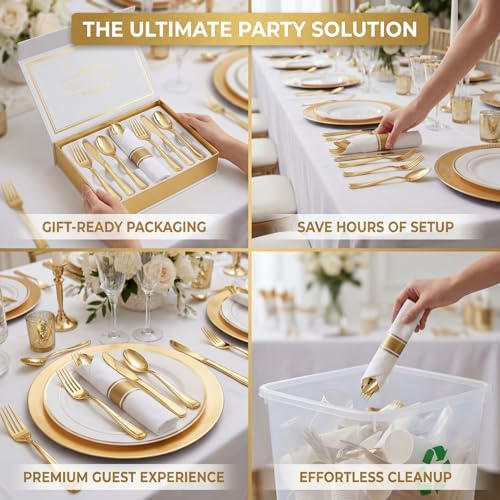 Liacere 100Pack Pre Rolled Gold Silverware and Napkin-400pcs Disposable Gold Plastic Utensils-Wrapped Plastic Cutlery Set with Napkin:100 Forks,100 Knives,100 Spoons,100 Napkins for Wedding＆Fall Party