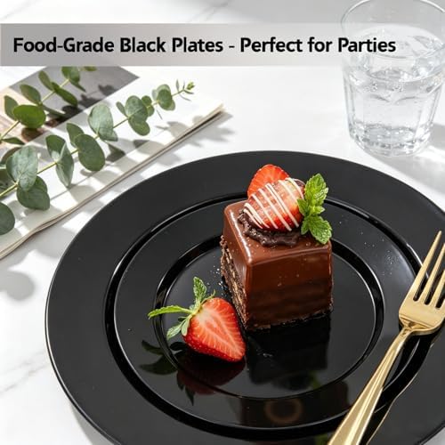 FLOWERCAT 200PCS Black Plastic Disposable Plates for Party - 10 "&7" Black Plastic Plates - Serve for 100 Guests for Summer Party & Birthday & Wedding&Halloween