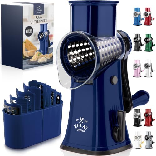 Rotary Cheese Grater Manual Hand Crank 5 Blade Shredder, Sapphire