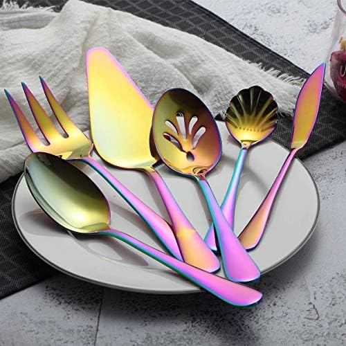 Berglander Stainless Steel Golden Titanium Plated Flatware Serving Set 6 Pieces, 5 Serving Pieces of 45 Pieces Flatware With 1 Cake Server,Serving Silverware Set (Shiny Golden)