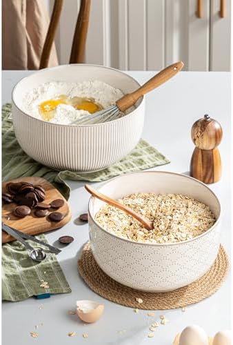 Mikiegy Ceramic Mixing Bowls Set of 2, Nesting Ceramic Embossment Stoneware Mixing Bowls for Cooking, Serving, Popcorn, Salad etc, Microwave & Dishwasher Safe, 98/145 oz, Off-White