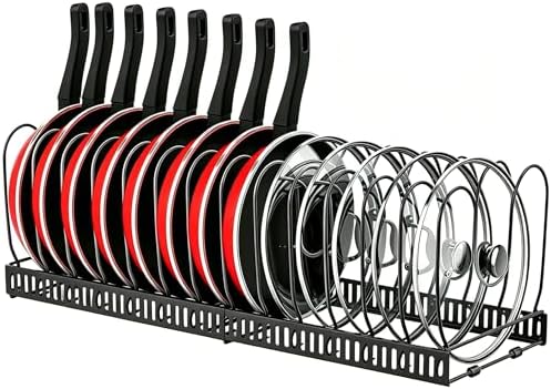 Expandable Pot and Pan Organizer for Cabinet, 14 Adjustable Dividers, Versatile Pan Holder Storage Rack, Extends from 12'' to 23'', Fits Cabinets, Countertops, or under Sink, Black, Iron
