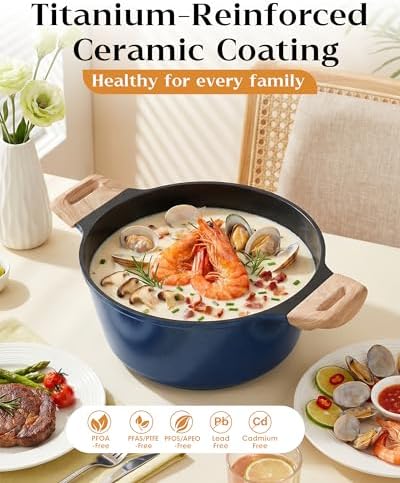 FDN Titanium Ceramic Cooking Pot with Lid, Pfos & Pfoa Free Nonstick Stock Pot, Large Soup Pot, Big Pots for Cooking, Multipurpose Cookware, Ollas Antiadherentes Para Cocinar, Cacerolas, Blue