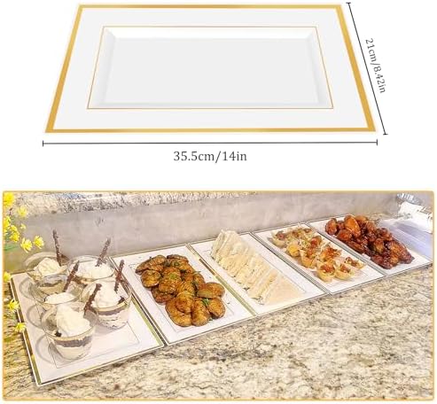 Mwellewm 12 Pcs White Plastic Serving Trays with Gold Rim, 14''x9'' Rectangle Dessert Trays for Dessert Table, Disposable Platters Cookie Cupcake Gold Serving Tray for Birthday Party Wedding