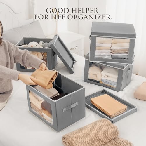 Homsorout Storage Bins, Storage Baskets for Shelves with Window, Fabric Storage Bins with Handle, Foldable Storage Cubes Boxes for Organizing for Clothes, Towels, Books, 3 Pack, Grey